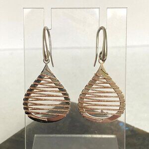 Sterling Silver 925 Italy Modernist Brass Woven Accent Teardrop Dangle Earrings
